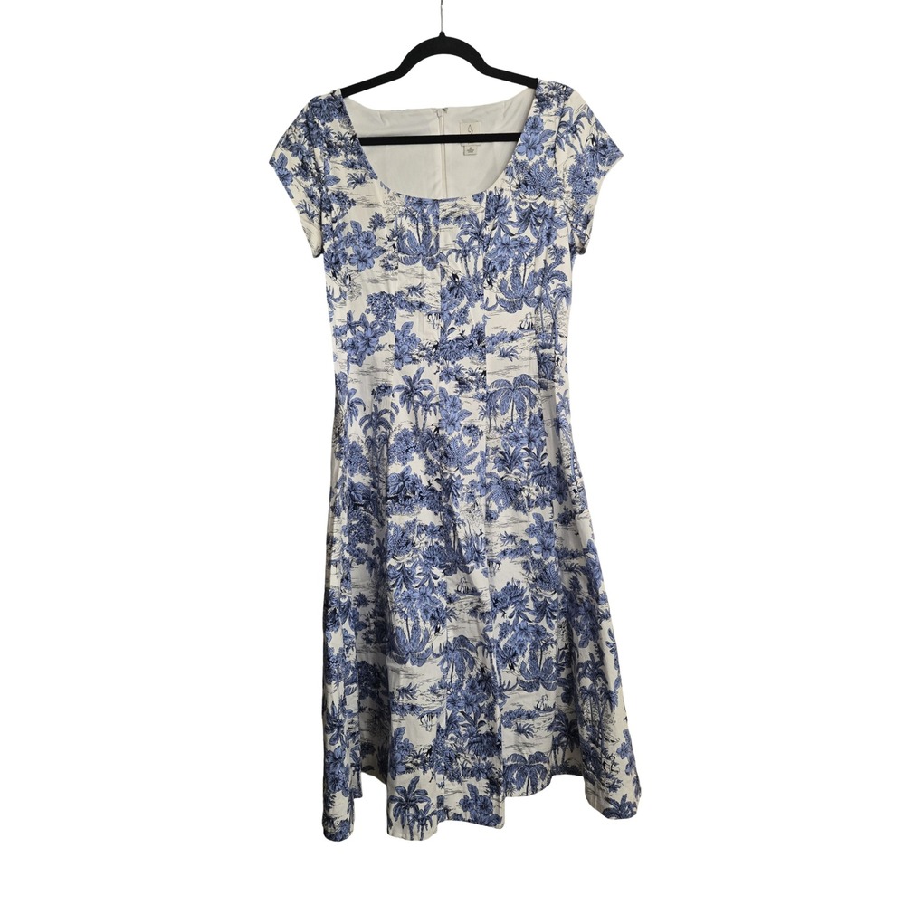 Joie Blue White Toile Tropical‎ Print Fit Flare Midi Dress Womens 6 Cap Sleeve